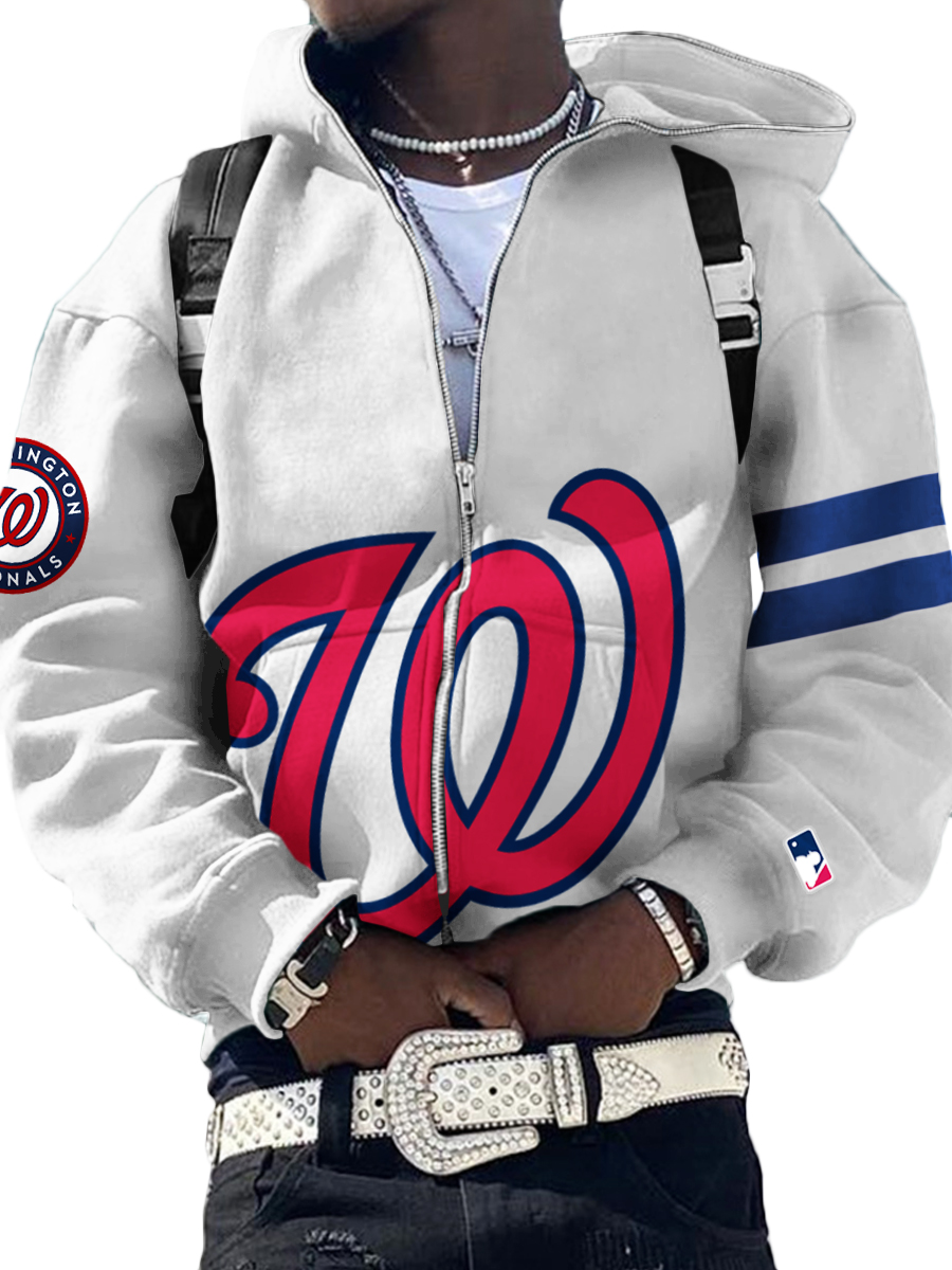 Washington Nationals MLB Men's Casual Zipper Hooded Sweatshirts White