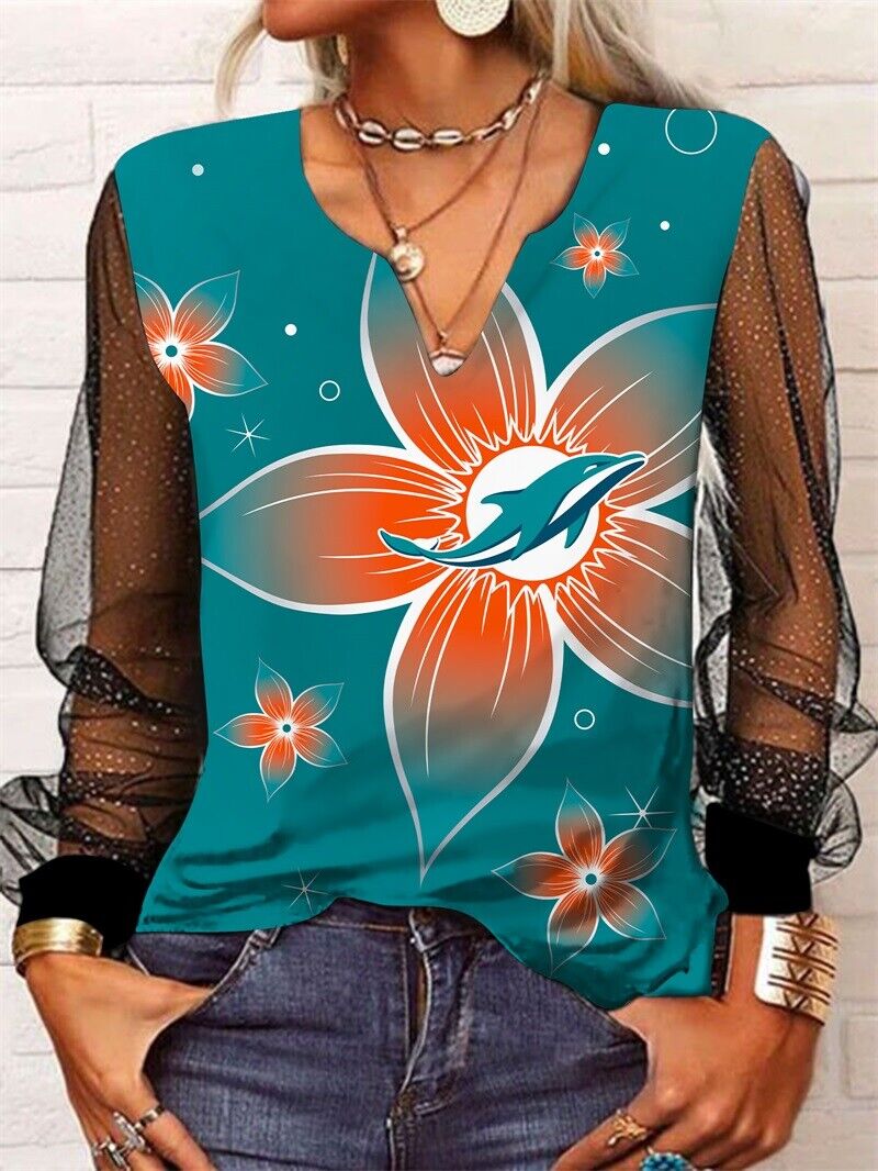 Miami Dolphins Long Sleeve V-neck Lace Shirt