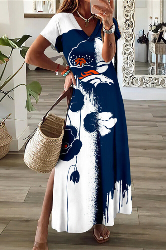 Denver Broncos V-Neck Sexy Side Slit Long Dress