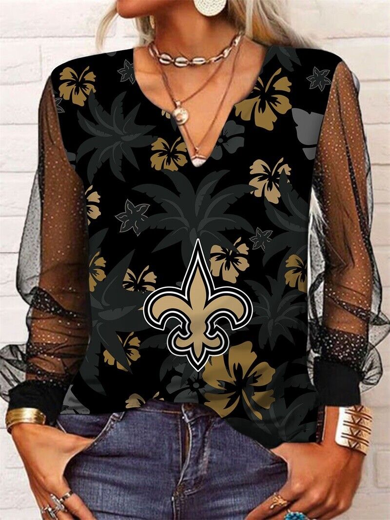New Orleans Saints Long Sleeve V-neck Lace Shirt