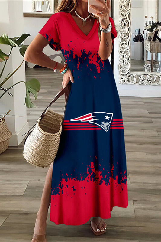 New England Patriots NEV-Neck Sexy Side Slit Long Dress