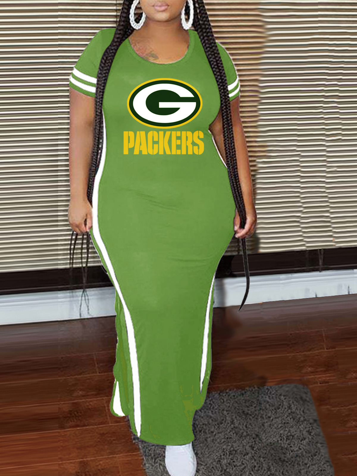 Green Bay Packers Crew Neck Short Sleeve Striped Colorblock Dress