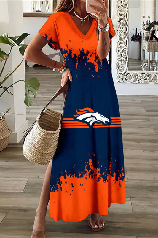 Denver Broncos V-Neck Sexy Side Slit Long Dress