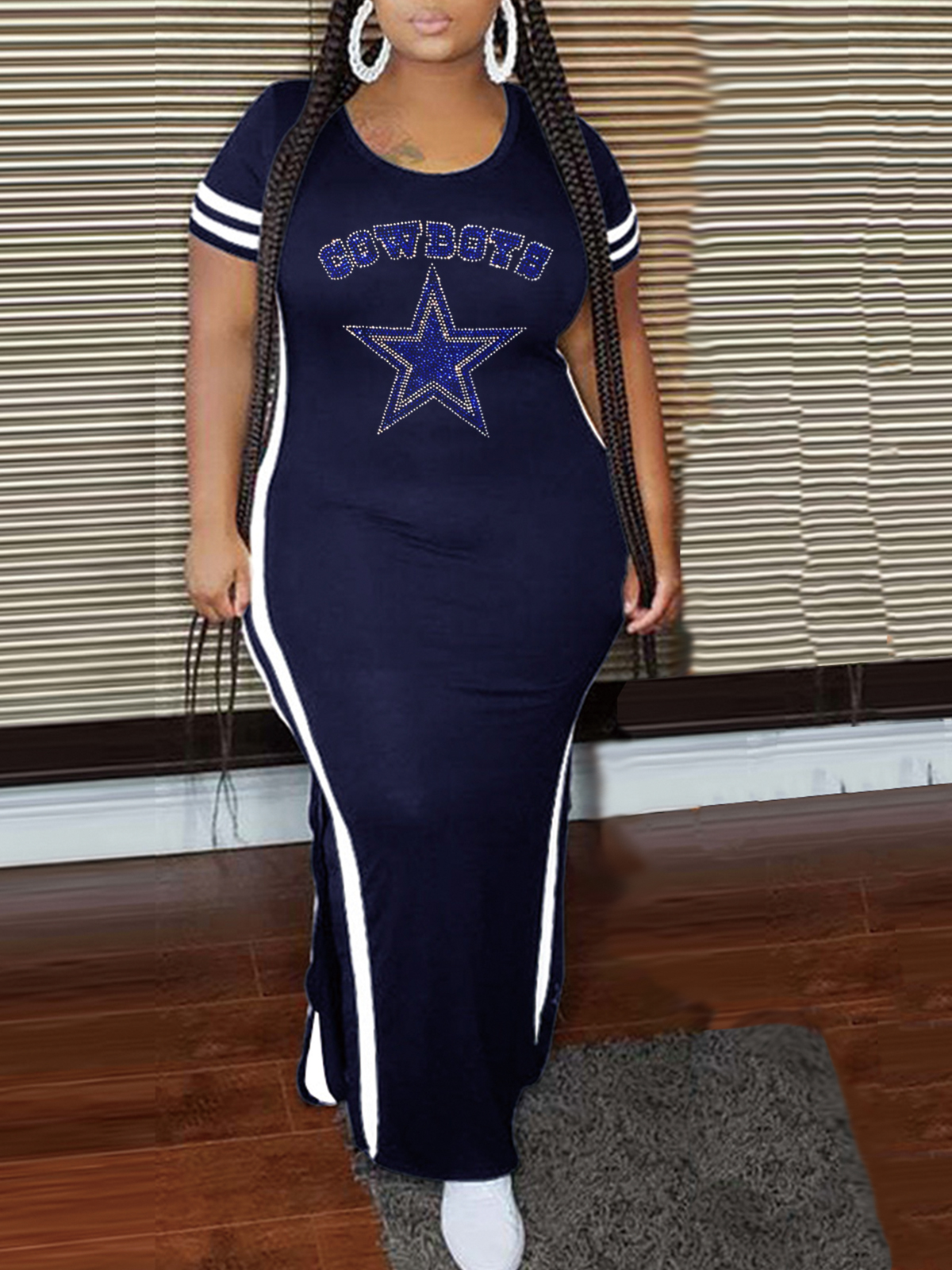 Dallas Cowboys Crew Neck Short Sleeve Striped Colorblock Dress