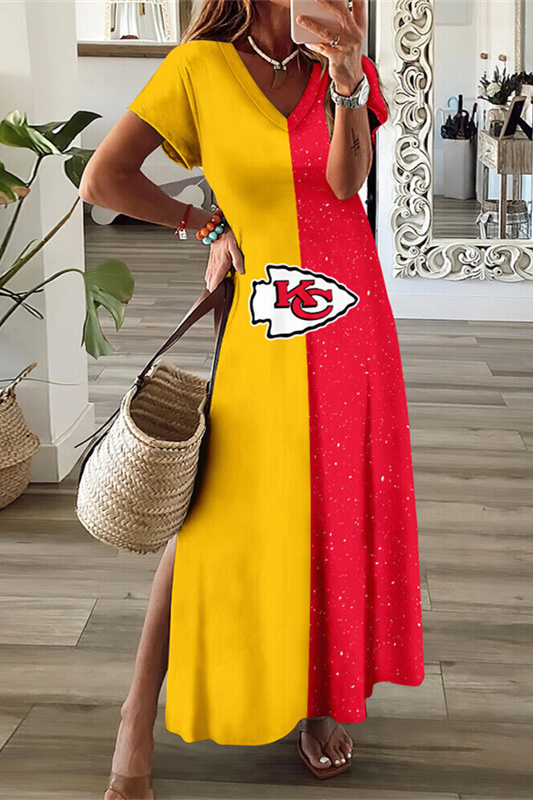 Kansas City Chiefs V-Neck Sexy Side Slit Long Dress