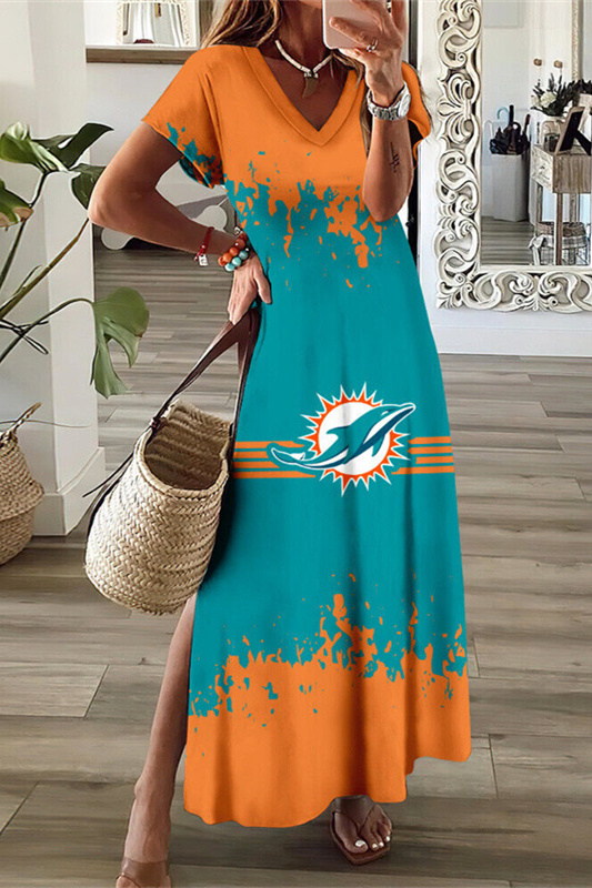 Miami Dolphins V-Neck Sexy Side Slit Long Dress