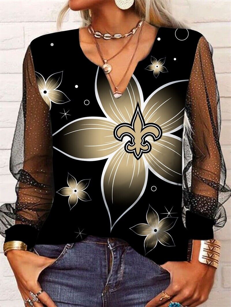 New Orleans Saints Long Sleeve V-neck Lace Shirt