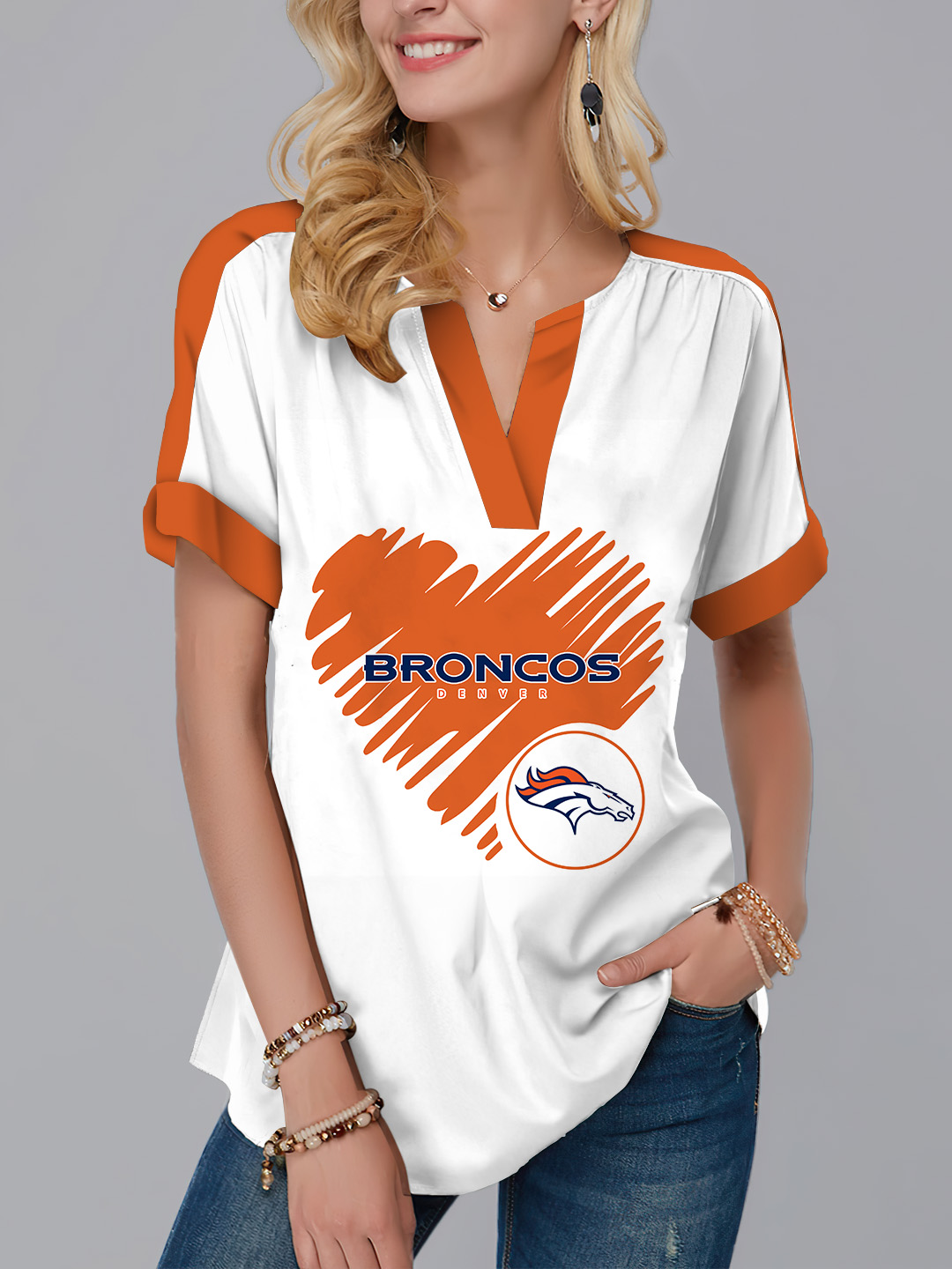 Denver Broncos  Fashion Short Sleeve V-Neck Shirt