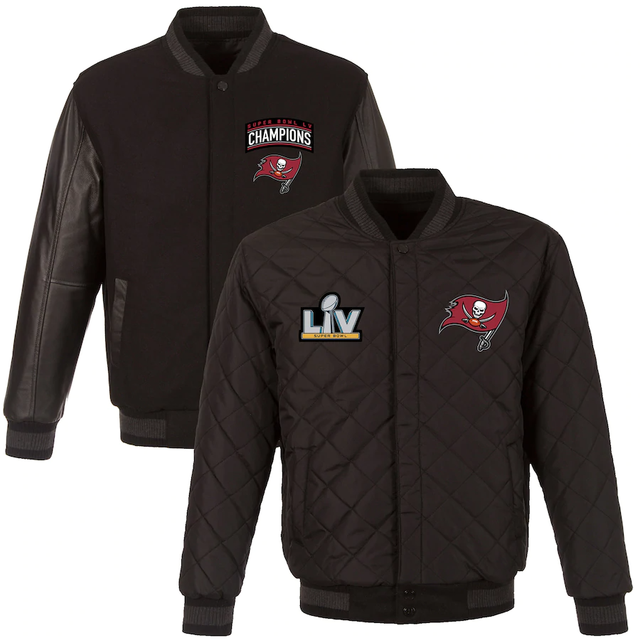 TAMPA BAY BUCCANEERS SUPER BOWL LV CHAMPIONS REVERSIBLE WOOL AND LEATHER FULL-SNAP JACKET - BLACK