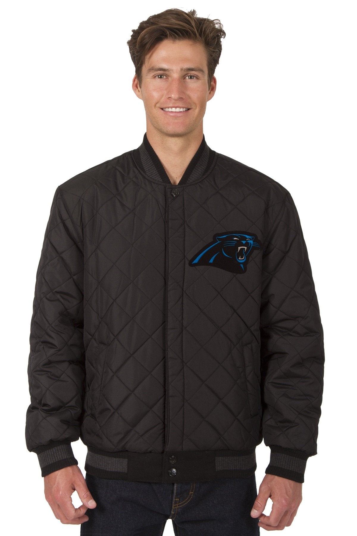 CAROLINA PANTHERS WOOL & LEATHER REVERSIBLE JACKET W/ EMBROIDERED LOGOS - BLACK