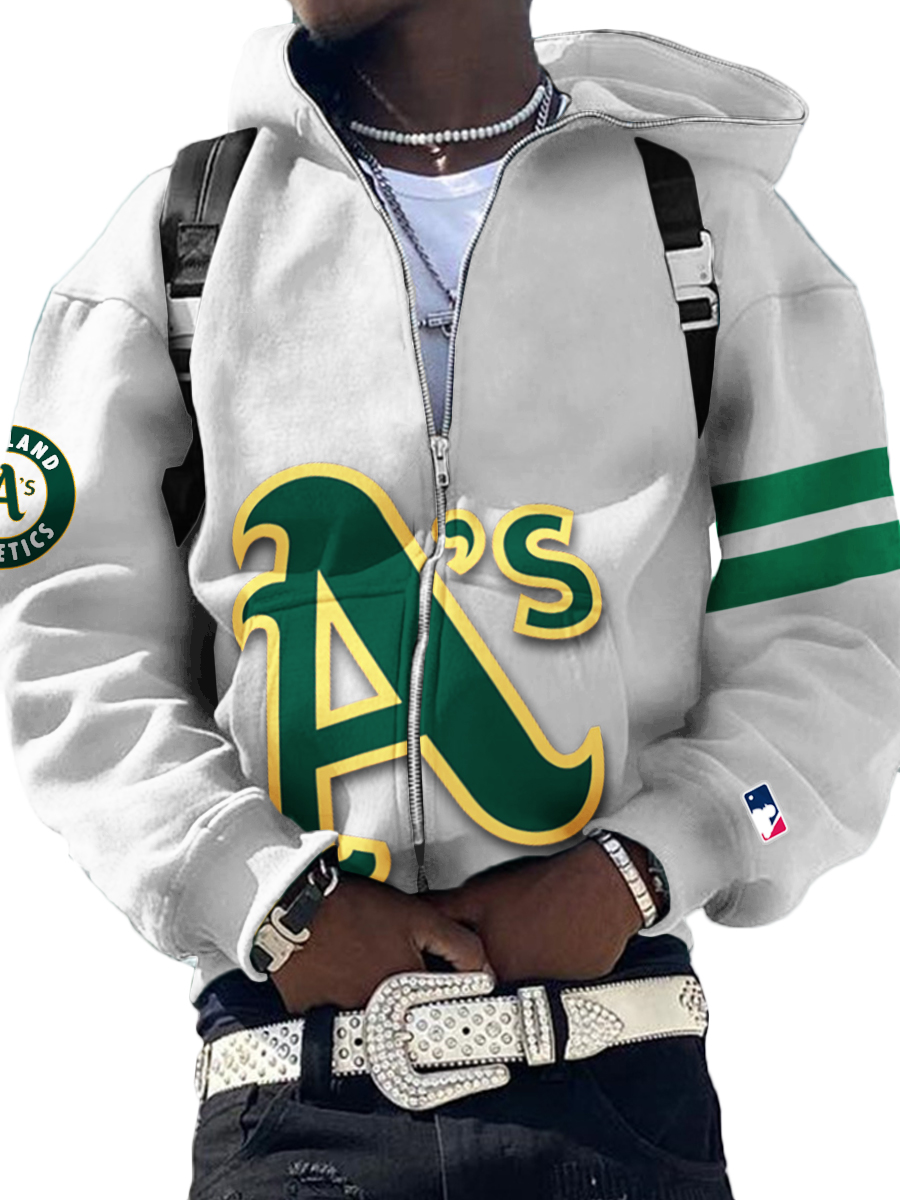 Oakland Athletics MLB Men's Casual Zipper Hooded Sweatshirts White