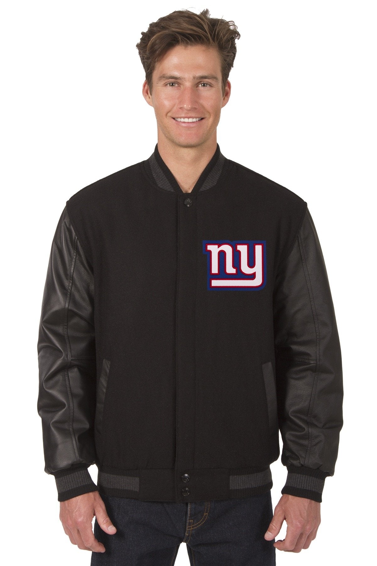 NEW YORK GIANTS WOOL & LEATHER REVERSIBLE JACKET W/ EMBROIDERED LOGOS - BLACK