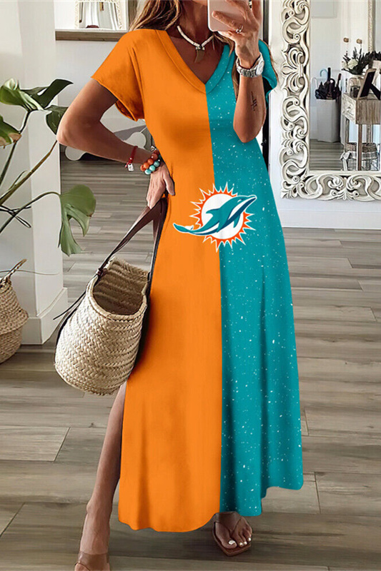 Miami Dolphins V-Neck Sexy Side Slit Long Dress