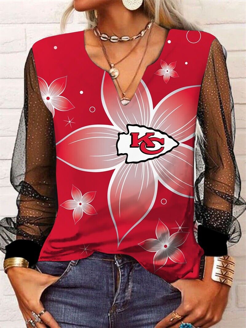 Kansas City Chiefs Long Sleeve V-neck Lace Shirt