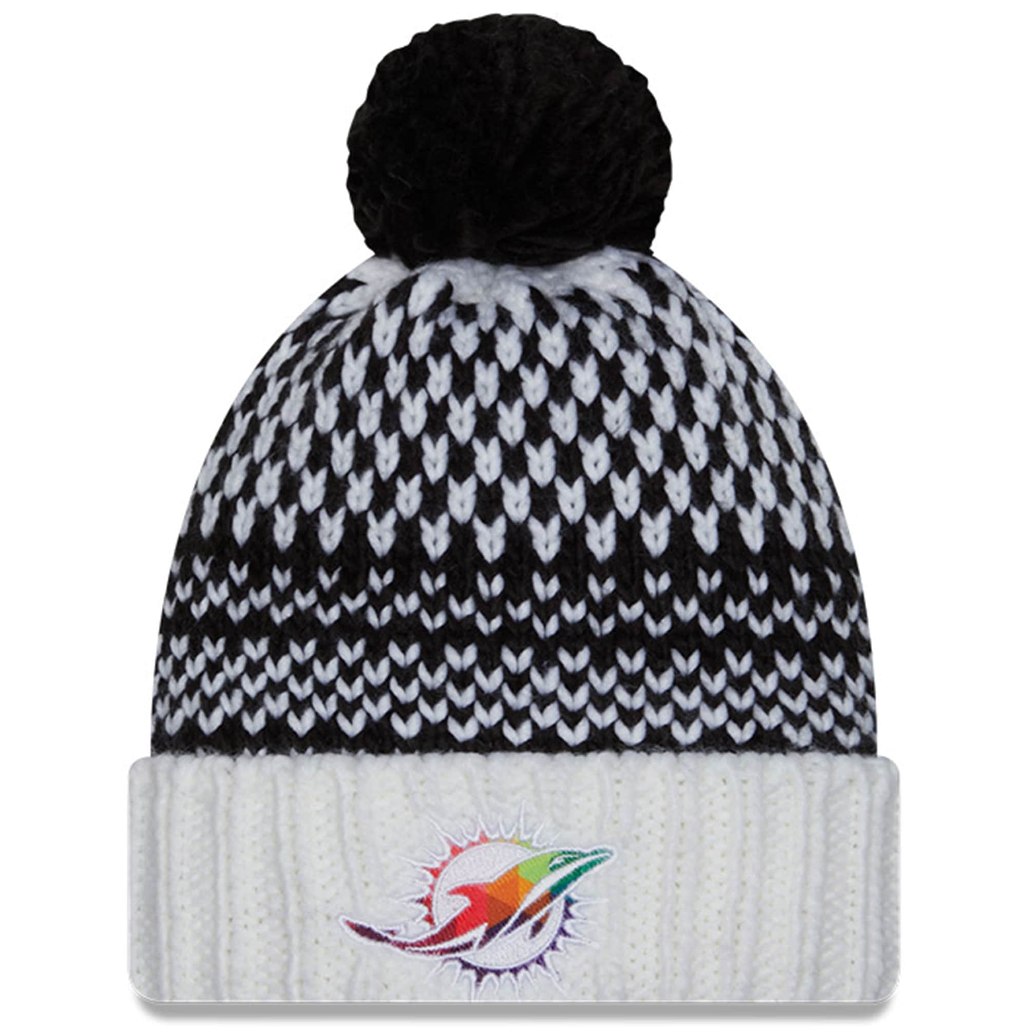 Miami Dolphins Women's Black/White 2023 Crucial Catch Cuffed Pom Knit Hat