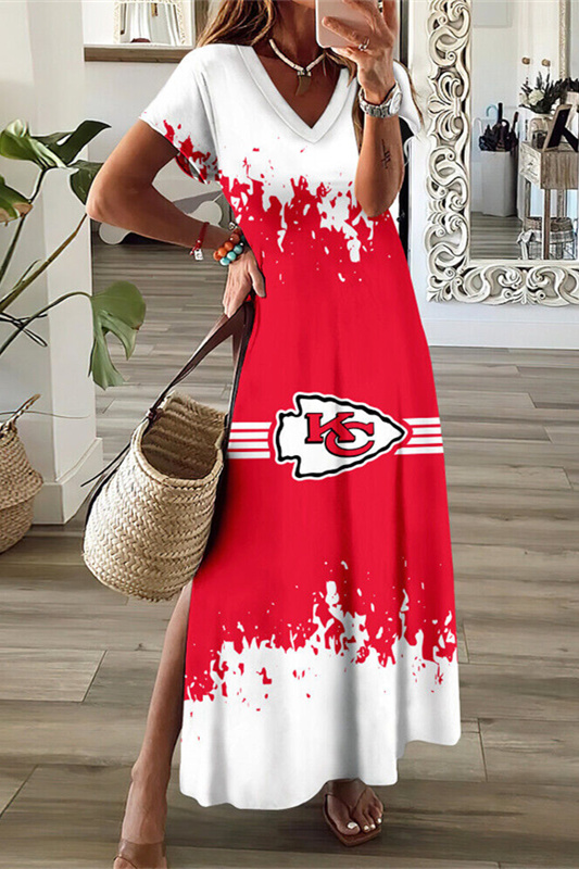 Kansas City Chiefs V-Neck Sexy Side Slit Long Dress