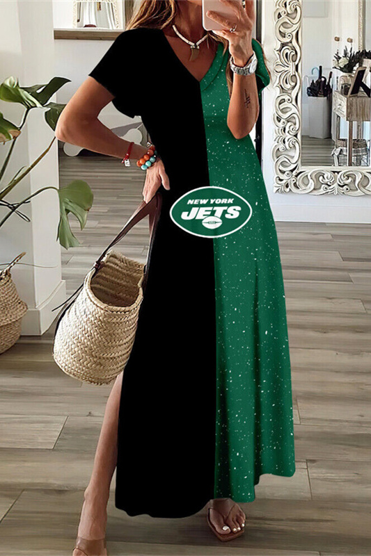 New York Jets V-Neck Sexy Side Slit Long Dress