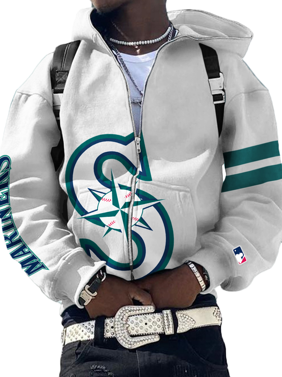 Seattle Mariners MLB Men's Casual Zipper Hooded Sweatshirts White