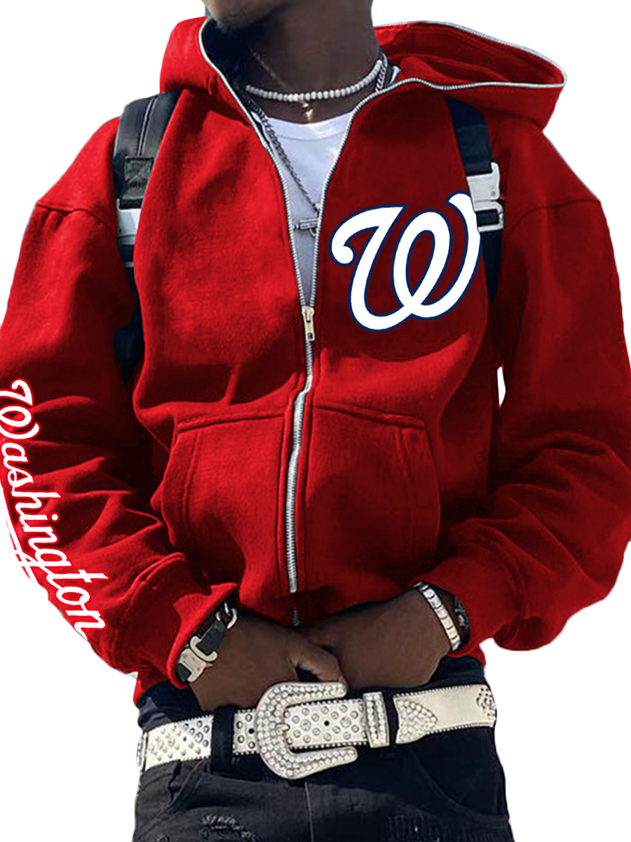 Washington Nationals MLB Men's Casual Zipper Hooded Sweatshirts