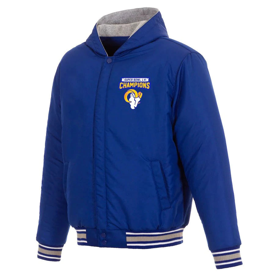 Los Angeles Rams Super Bowl LVI Champions Reversible Two-Tone Full-Snap Hoodie Jacket - Royal/Gray