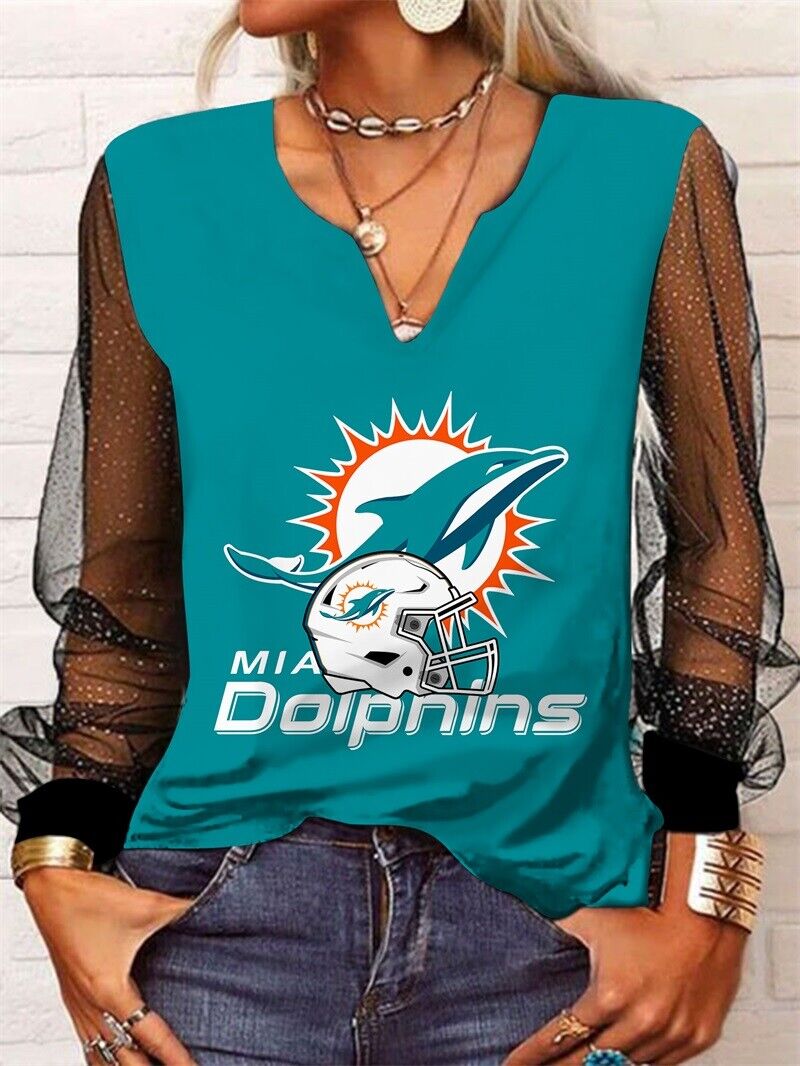 Miami Dolphins Long Sleeve V-neck Lace Shirt