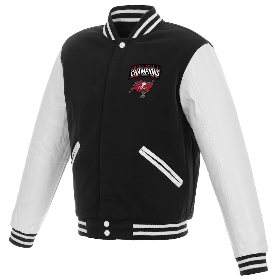 TAMPA BAY BUCCANEERS SUPER BOWL LV CHAMPIONS REVERSIBLE FLEECE AND FAUX LEATHER FULL-SNAP JACKET - BLACK/WHITE