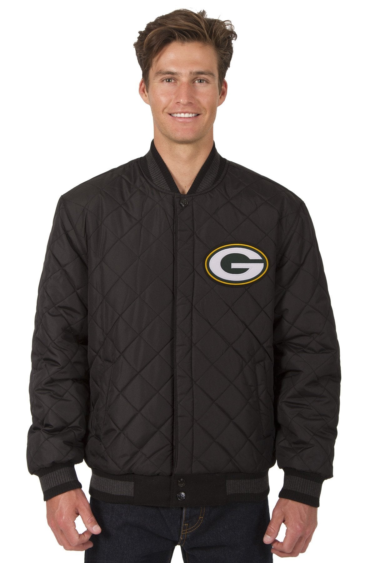 GREEN BAY PACKERS WOOL & LEATHER REVERSIBLE JACKET W/ EMBROIDERED LOGOS - BLACK