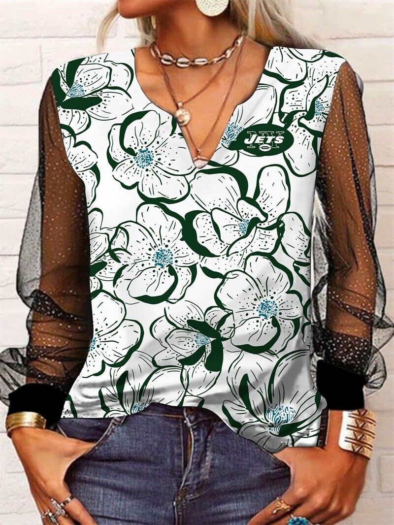 New York Jets Long Sleeve V-neck Lace Shirt