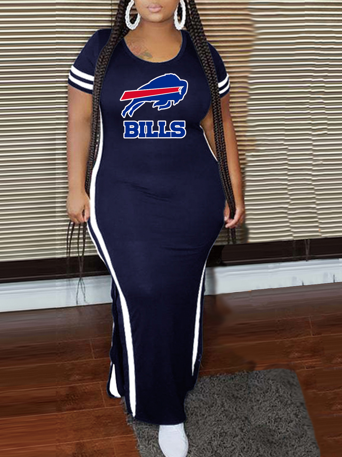 Buffalo Bills Crew Neck Short Sleeve Striped Colorblock Dress