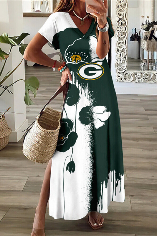Green Bay Packers V-Neck Sexy Side Slit Long Dress