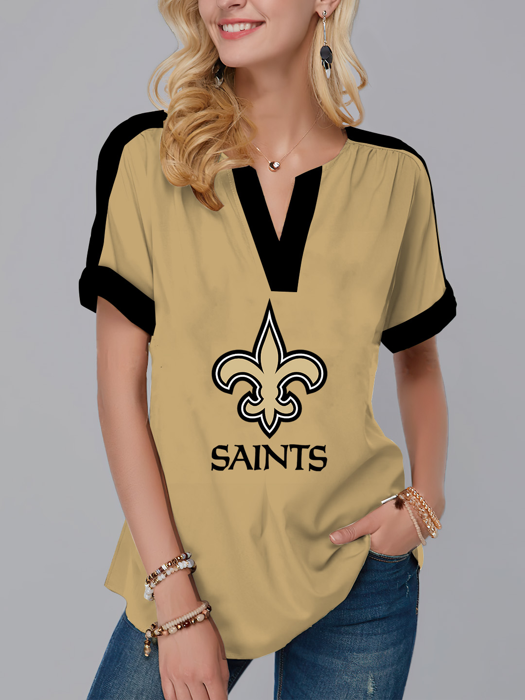 New Orleans Saints  Fashion Short Sleeve V-Neck Shirt