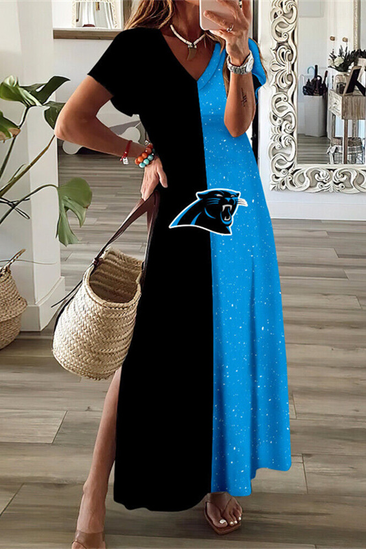 Carolina Panthers V-Neck Sexy Side Slit Long Dress