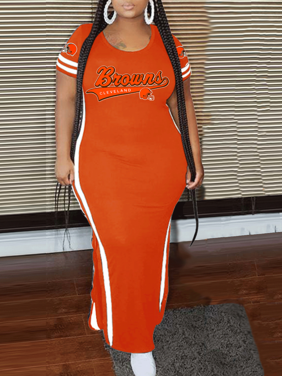Cleveland Browns Crew Neck Short Sleeve Striped Colorblock Dress
