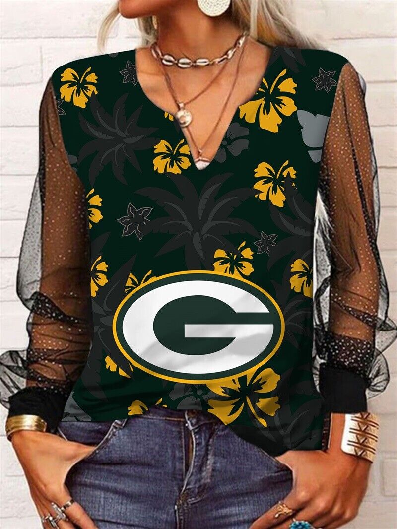 Green Bay Packers Long Sleeve V-neck Lace Shirt