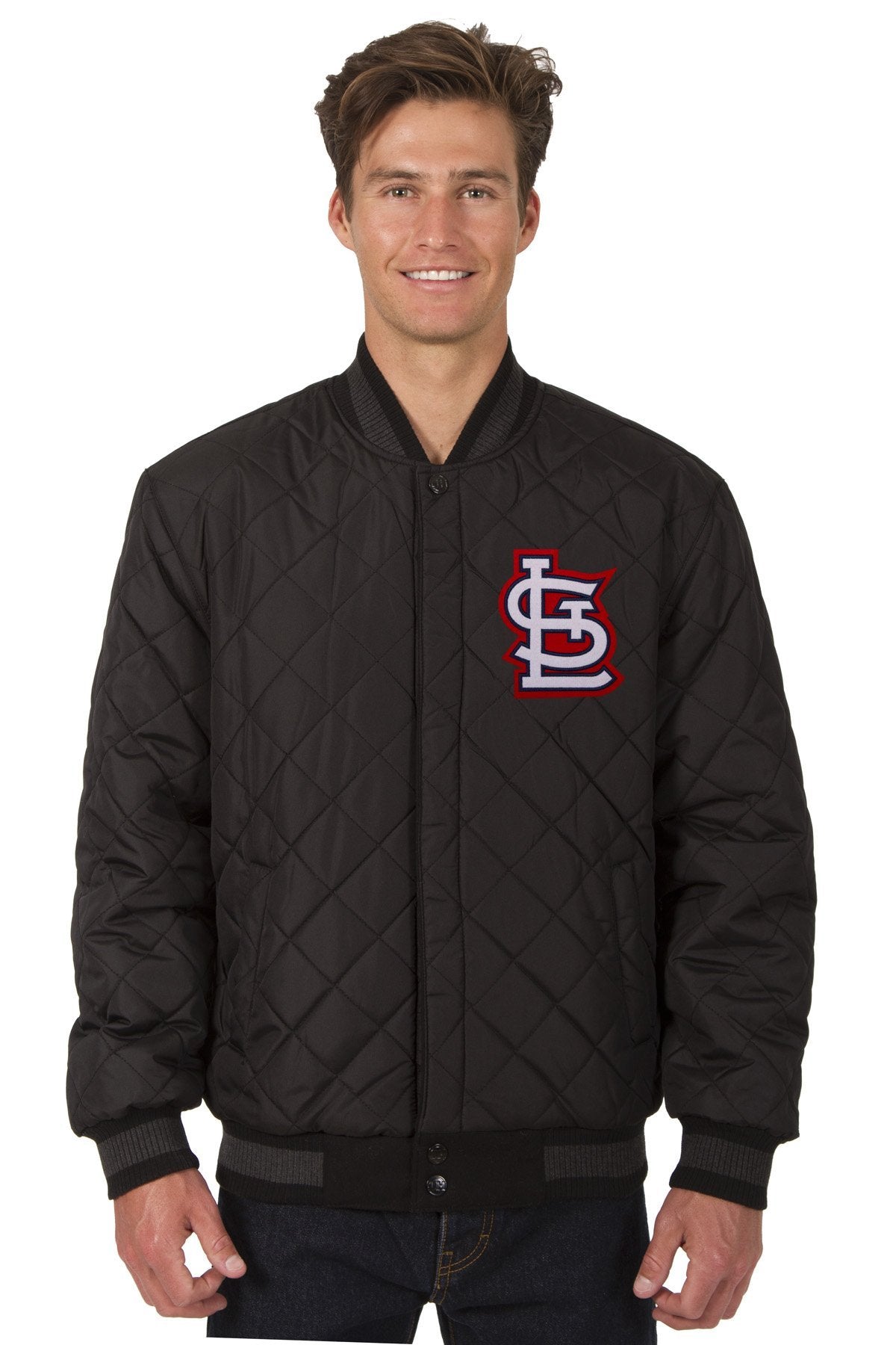 ST. LOUIS CARDINALS WOOL & LEATHER REVERSIBLE JACKET W/ EMBROIDERED LOGOS - CHARCOAL/BLACK