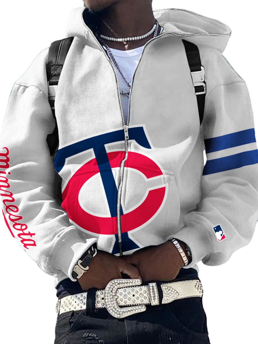 Minnesota Twins MLB Men's Casual Zipper Hooded Sweatshirts White