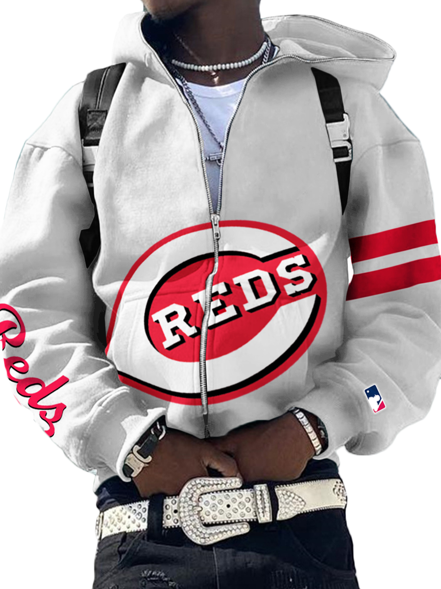 Cincinnati Reds MLB Men's Casual Zipper Hooded Sweatshirts White