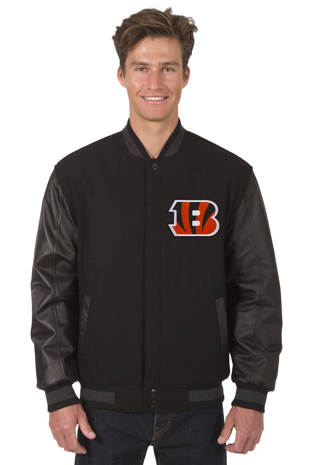 CINCINNATI BENGALS WOOL & LEATHER REVERSIBLE JACKET W/ EMBROIDERED LOGOS - BLACK