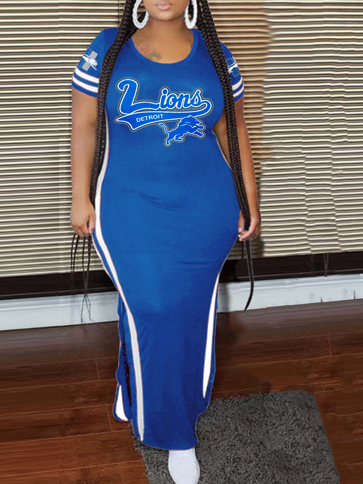 Detroit Lions Crew Neck Short Sleeve Striped Colorblock Dress