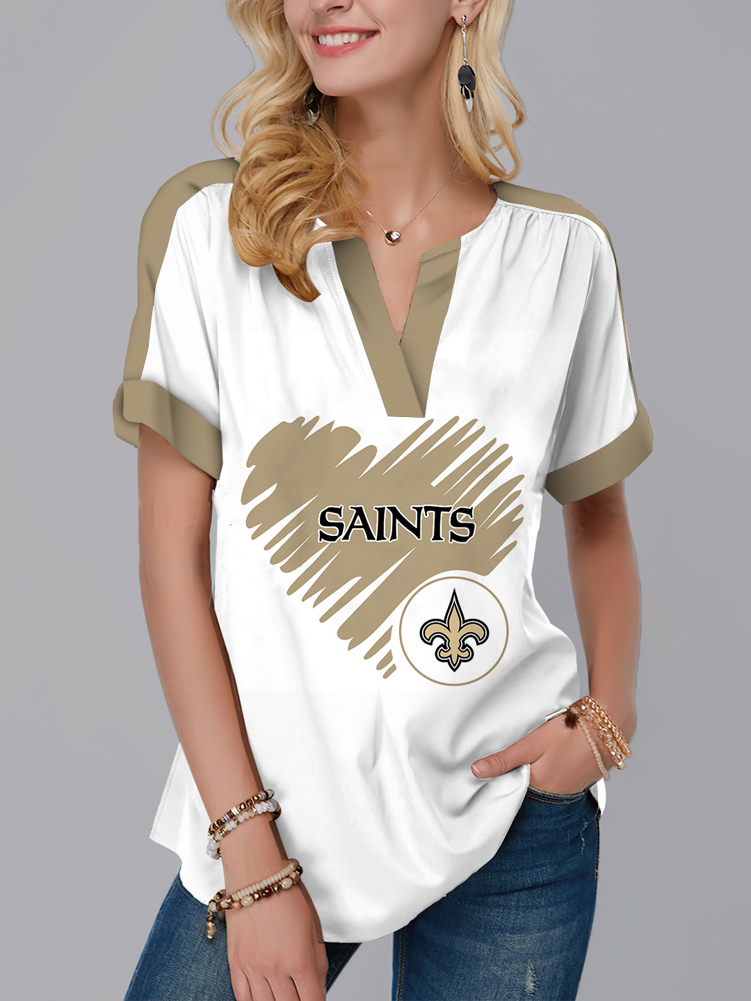 New Orleans Saints  Fashion Short Sleeve V-Neck Shirt