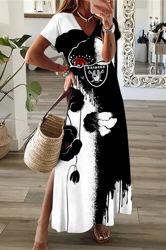 Las Vegas Raiders V-Neck Sexy Side Slit Long Dress