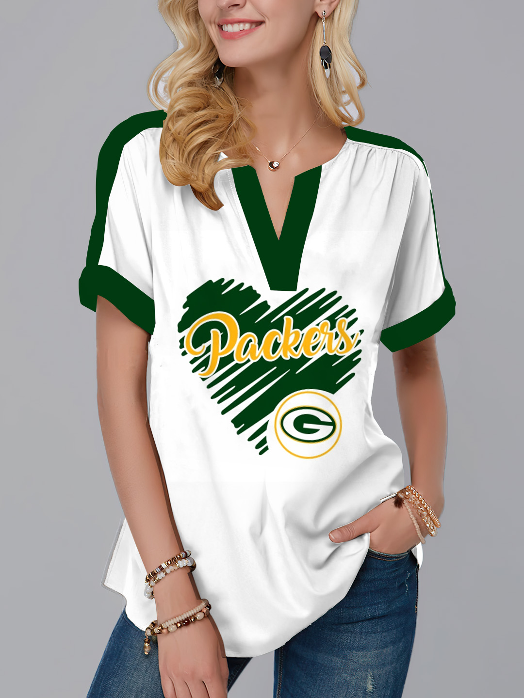 Green Bay Packers  Fashion Short Sleeve V-Neck Shirt