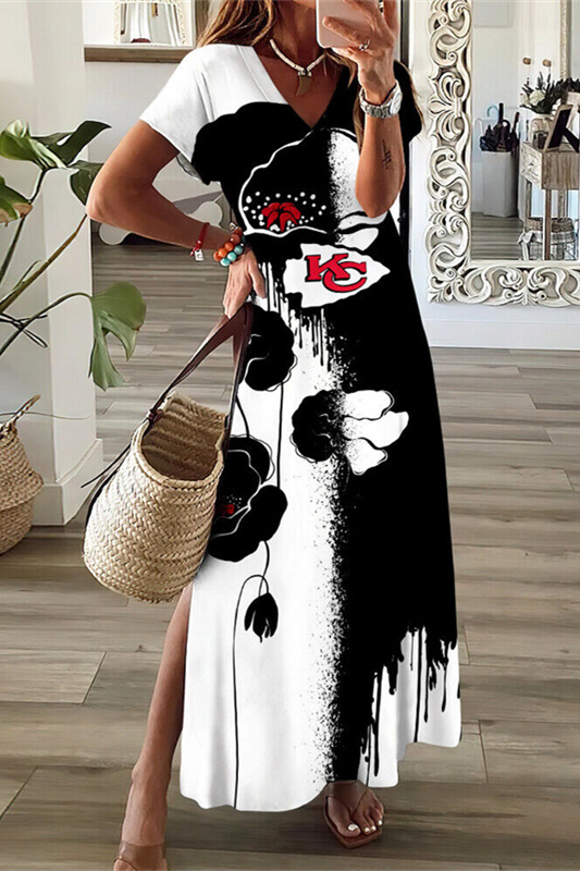 Kansas City Chiefs V-Neck Sexy Side Slit Long Dress