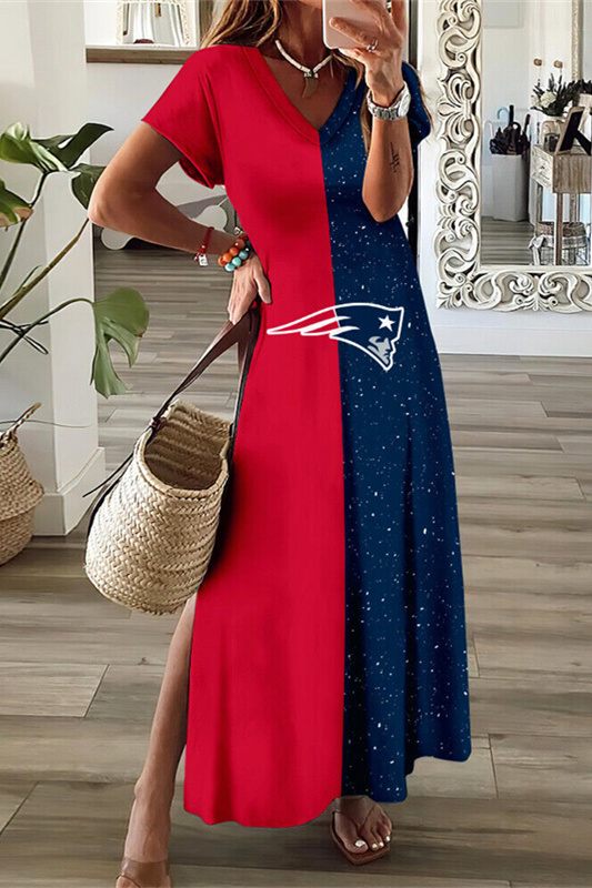 New England Patriots NEV-Neck Sexy Side Slit Long Dress