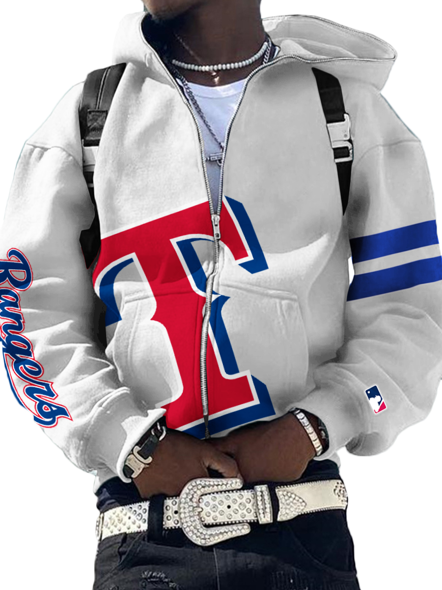 Texas Rangers MLB Men's Casual Zipper Hooded Sweatshirts White