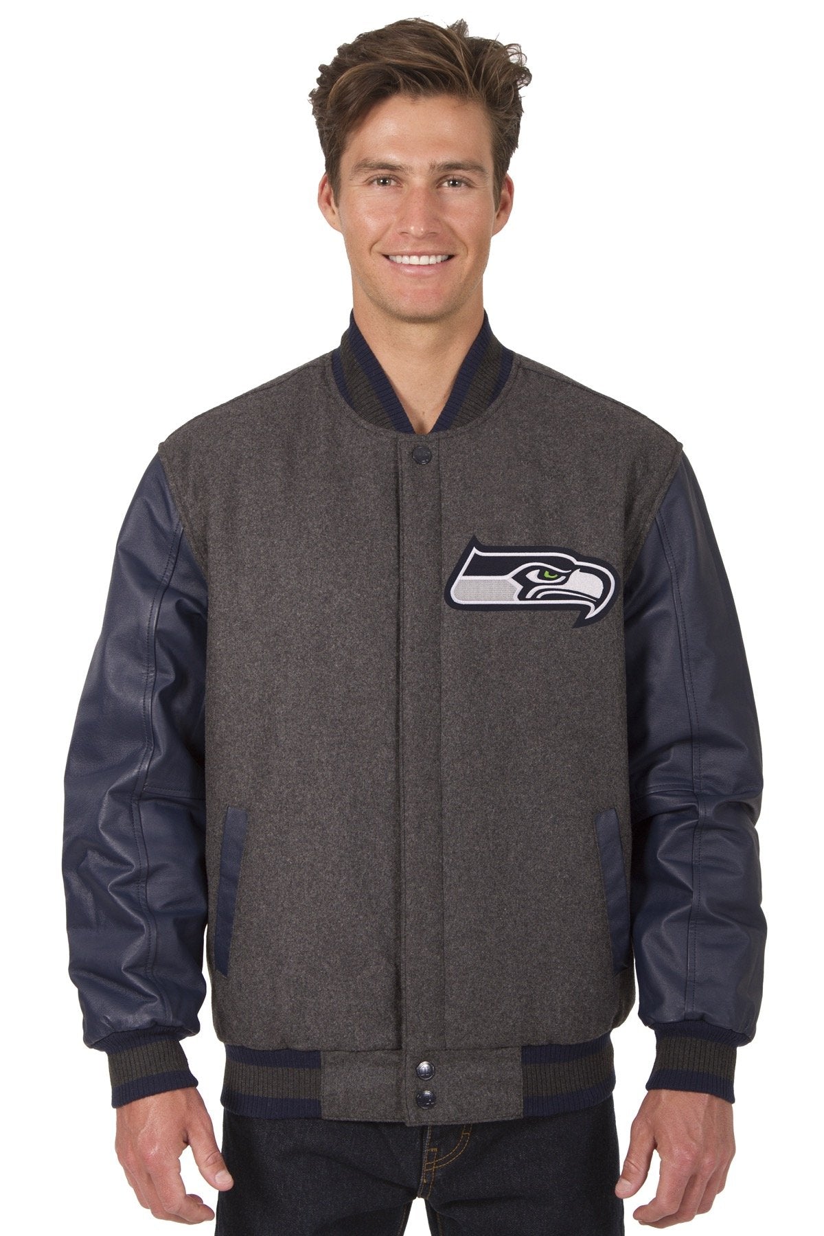Seattle Seahawks Reversible Wool and Leather Jacket (Front and Back Logos)