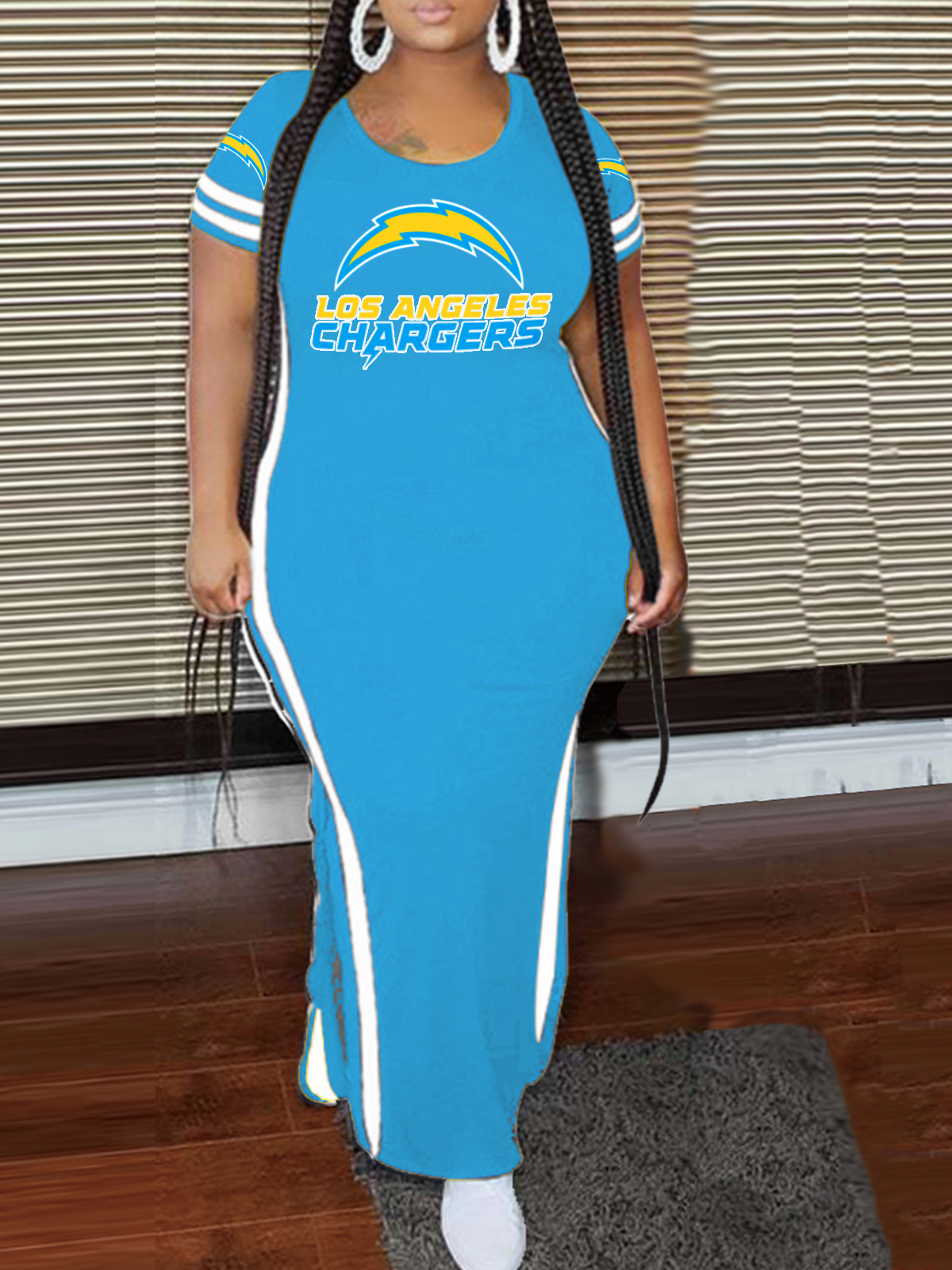 Los Angeles Chargers Crew Neck Short Sleeve Striped Colorblock Dress