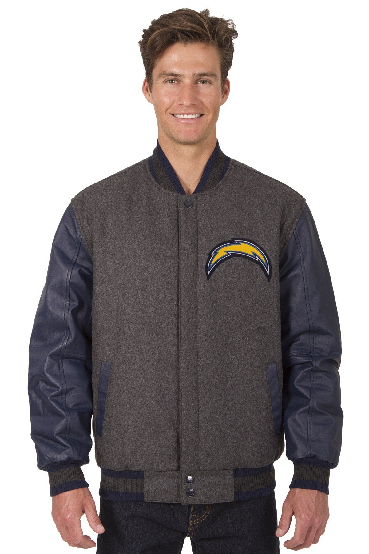 Los Angeles Chargers Reversible Wool and Leather Jacket (Front and Back Logos)