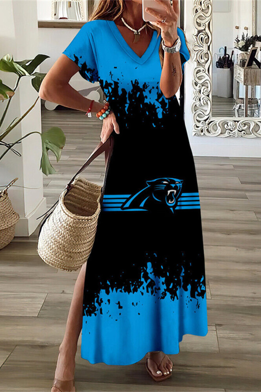 Carolina Panthers V-Neck Sexy Side Slit Long Dress