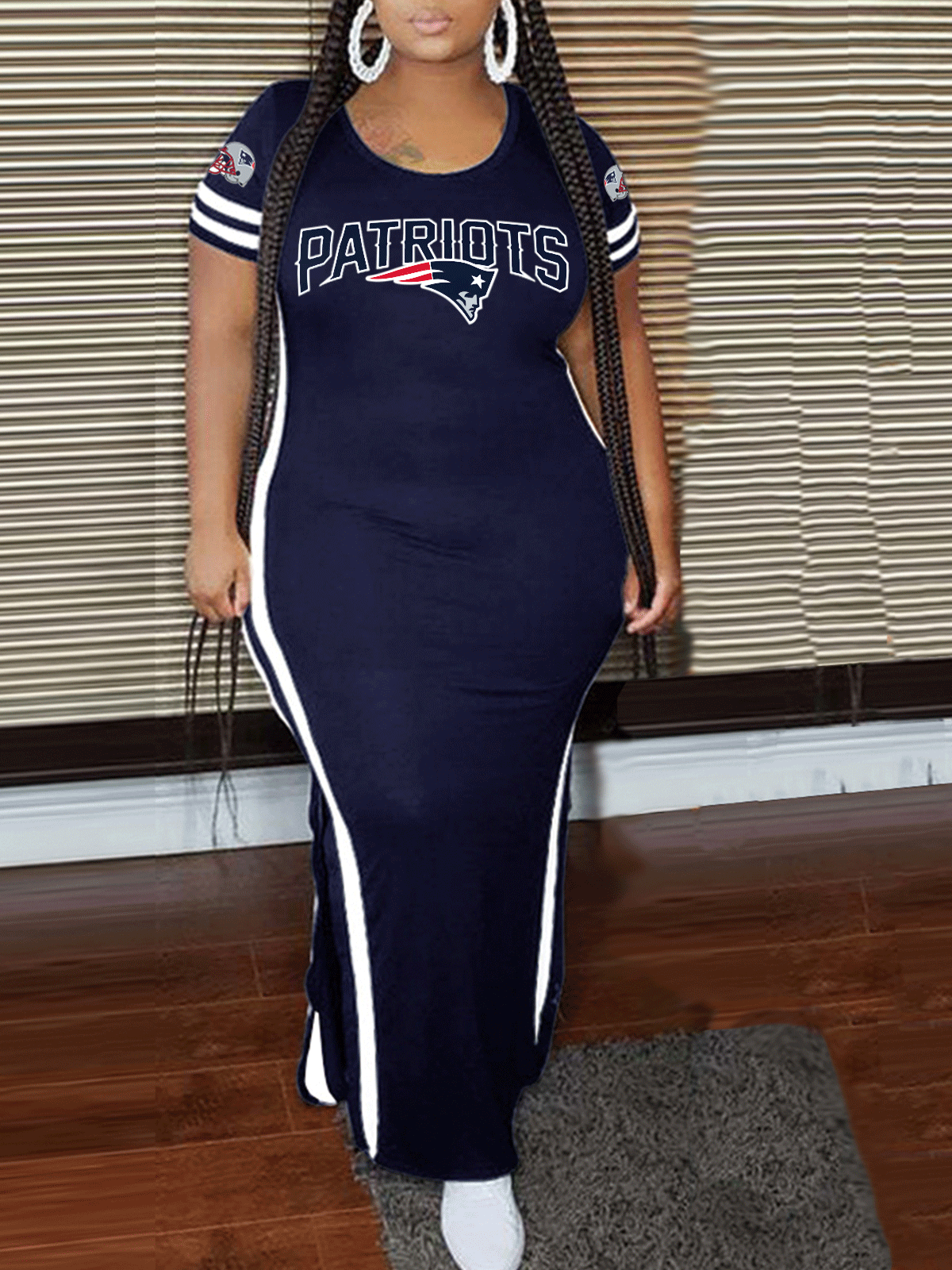 New England Patriots Crew Neck Short Sleeve Striped Colorblock Dress